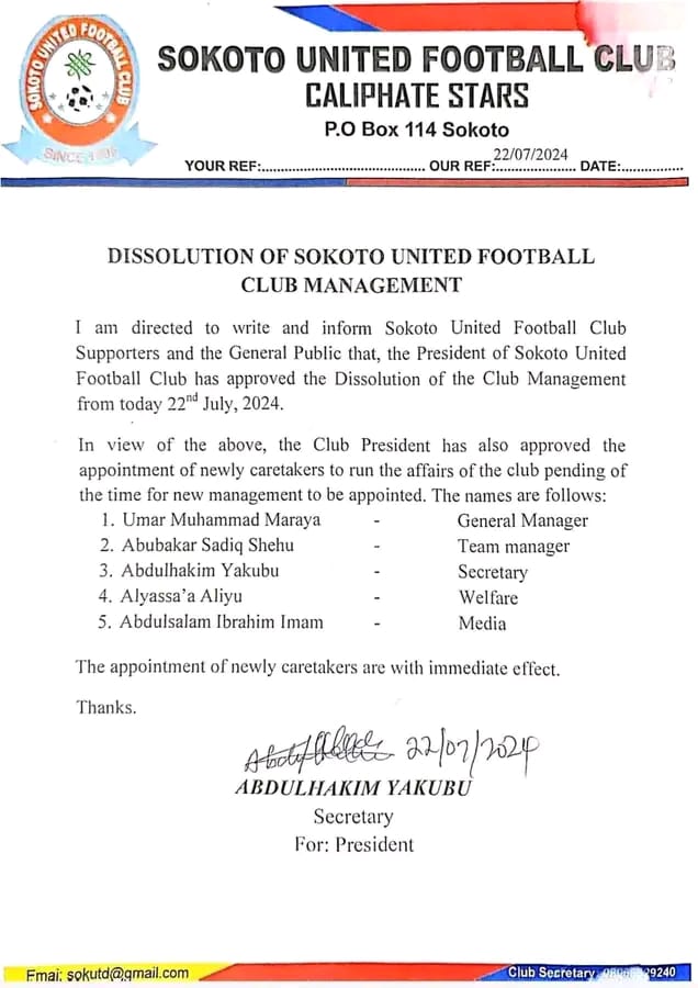 Sokoto United Football Club Restructures it’s Management Team